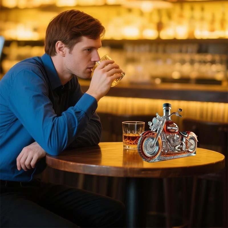 Motorcycle Glass Whiskey Decanter with Black Cap and Molded Engine Details Custom - Image 4