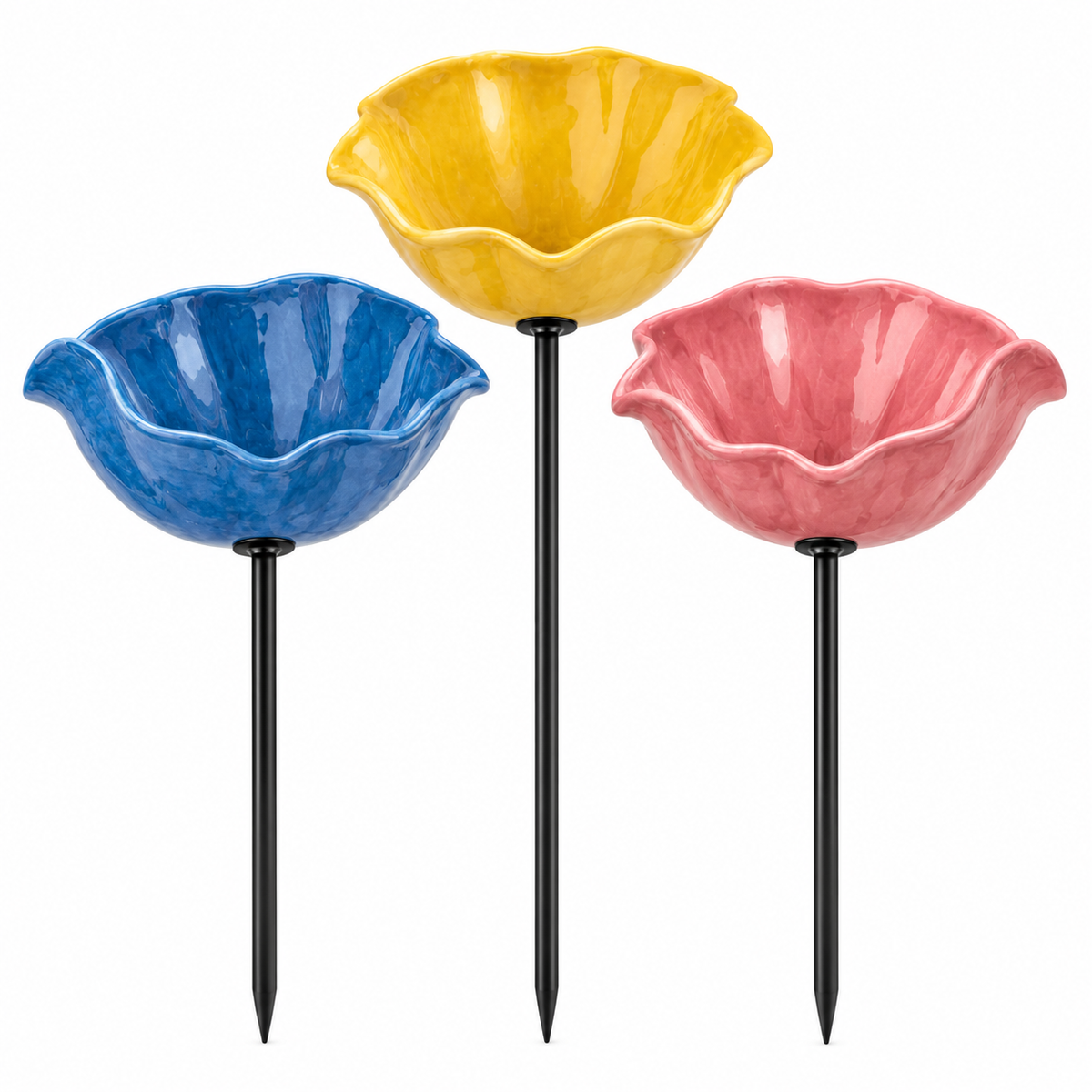 Bird Bath Flower-Shaped Ceramic with Metal Ground Stake for Garden Décor