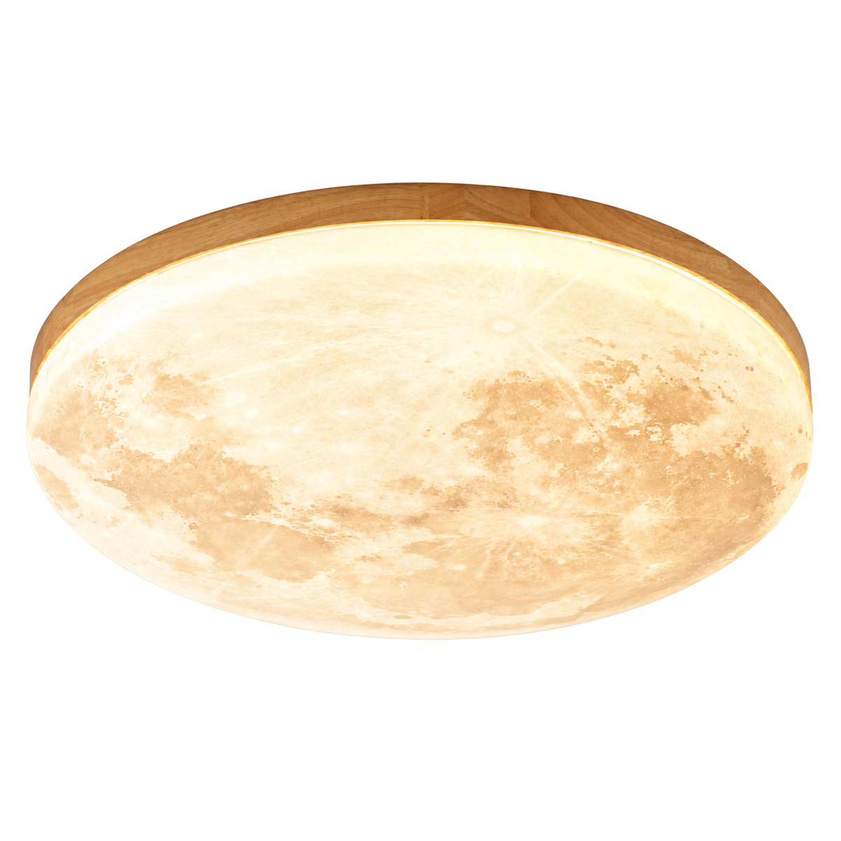 Flush Mount Ceiling Light with Moon Surface Texture and Wooden Frame