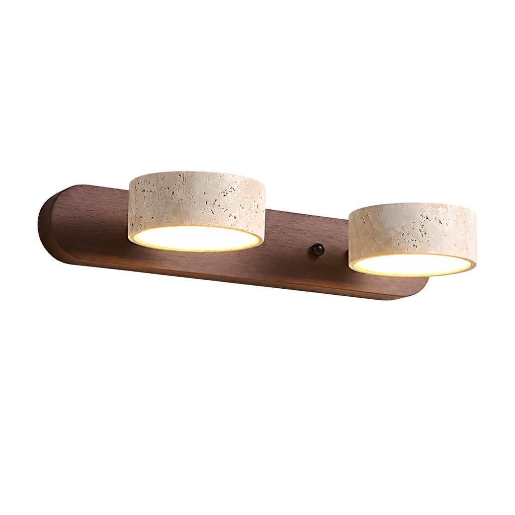 LED Wall Light with Travertine Stone and Wooden Backplate Modern Sconce