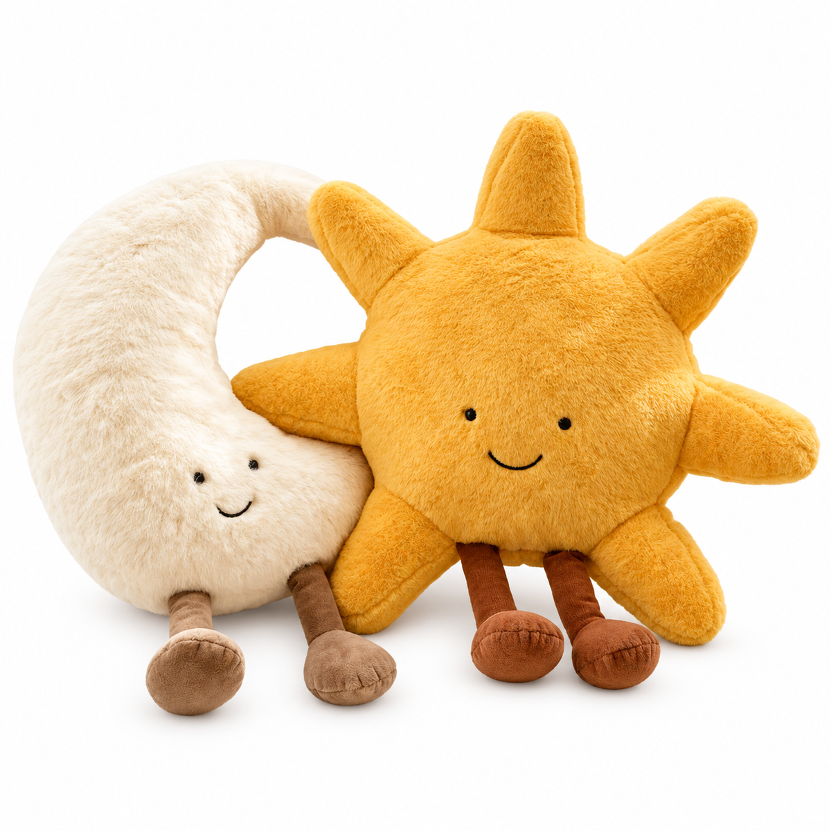 Plush Toy Decorative Throw Pillow with Fuzzy Fabric and Embroidered Smiling Face Sun And Moon