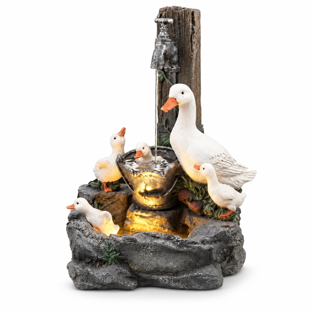 Water Fountain Tabletop with Hand-Painted Animal Figure and LED Lighting Solar Powered