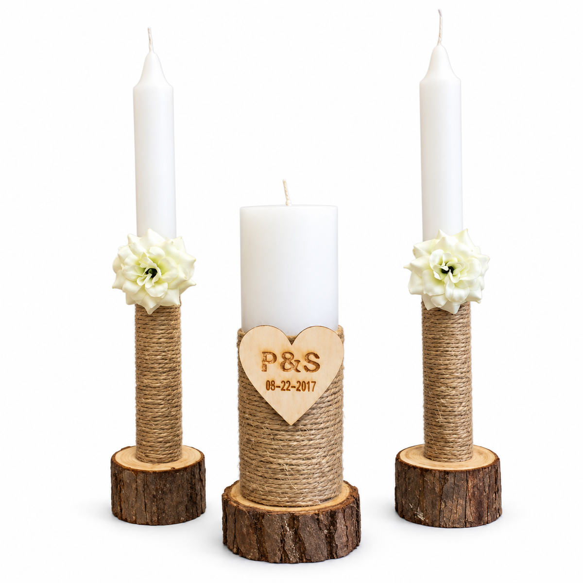 Wooden Candle Holders and Stand Set of 3 with Rustic Wood Slice Design for Taper and Pillar