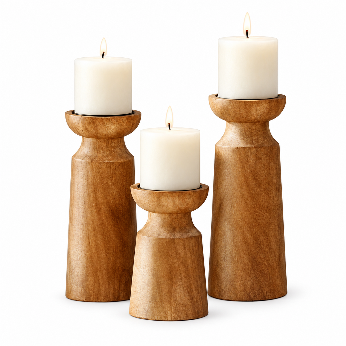 Wooden Candle Holders Set of 3 with Turned Wood Pillar Design and Graduated Heights
