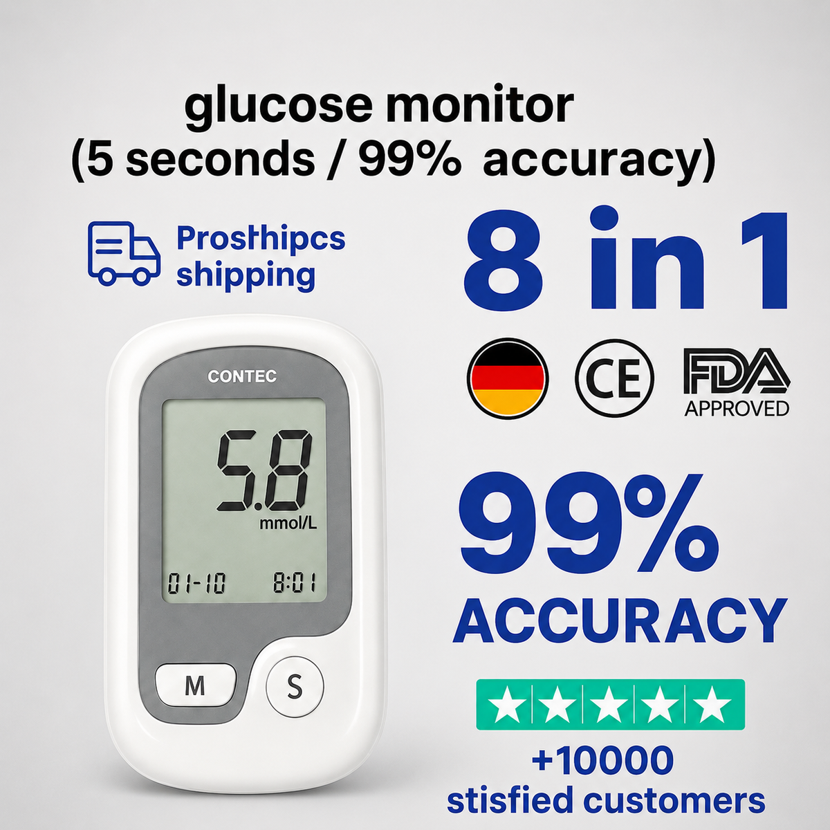 Blood Glucose Monitor Non-Painful Fingertip Portable Digital Display