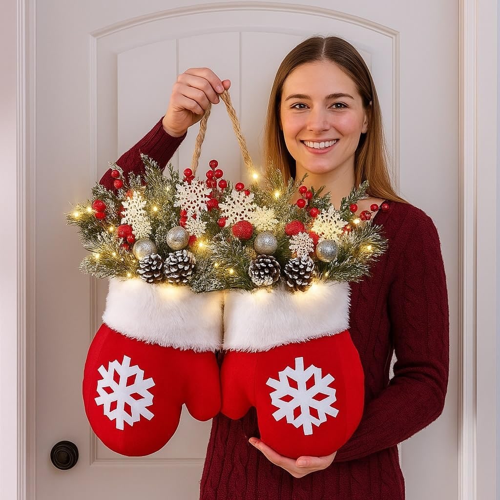 Outdoor Christmas Lights Door Hanger with LED Mitten Shape and Faux Greenery - Image 2