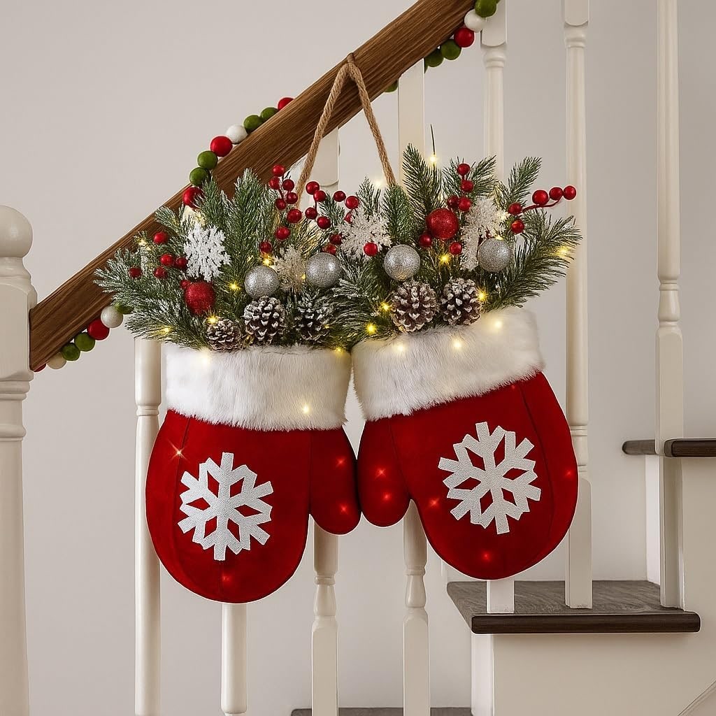 Outdoor Christmas Lights Door Hanger with LED Mitten Shape and Faux Greenery - Image 5