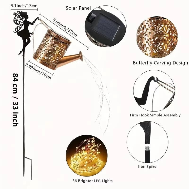 Outdoor Solar Garden Light with Metal Watering Can and Cascading LED String Copper - Image 10