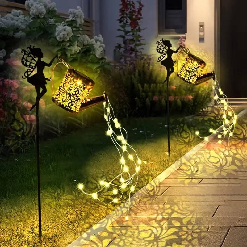 Outdoor Solar Garden Light with Metal Watering Can and Cascading LED String Copper - Image 2