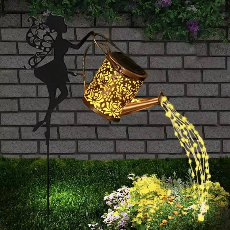 Outdoor Solar Garden Light with Metal Watering Can and Cascading LED String Copper - Image 3