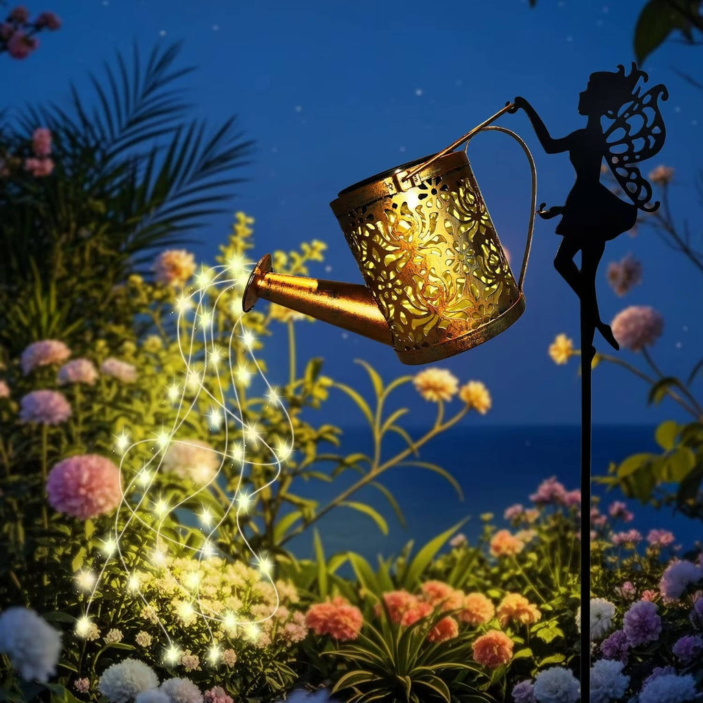 Outdoor Solar Garden Light with Metal Watering Can and Cascading LED String Copper - Image 4