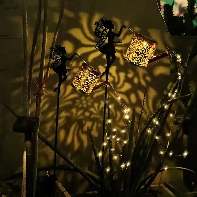 Outdoor Solar Garden Light with Metal Watering Can and Cascading LED String Copper - Image 5