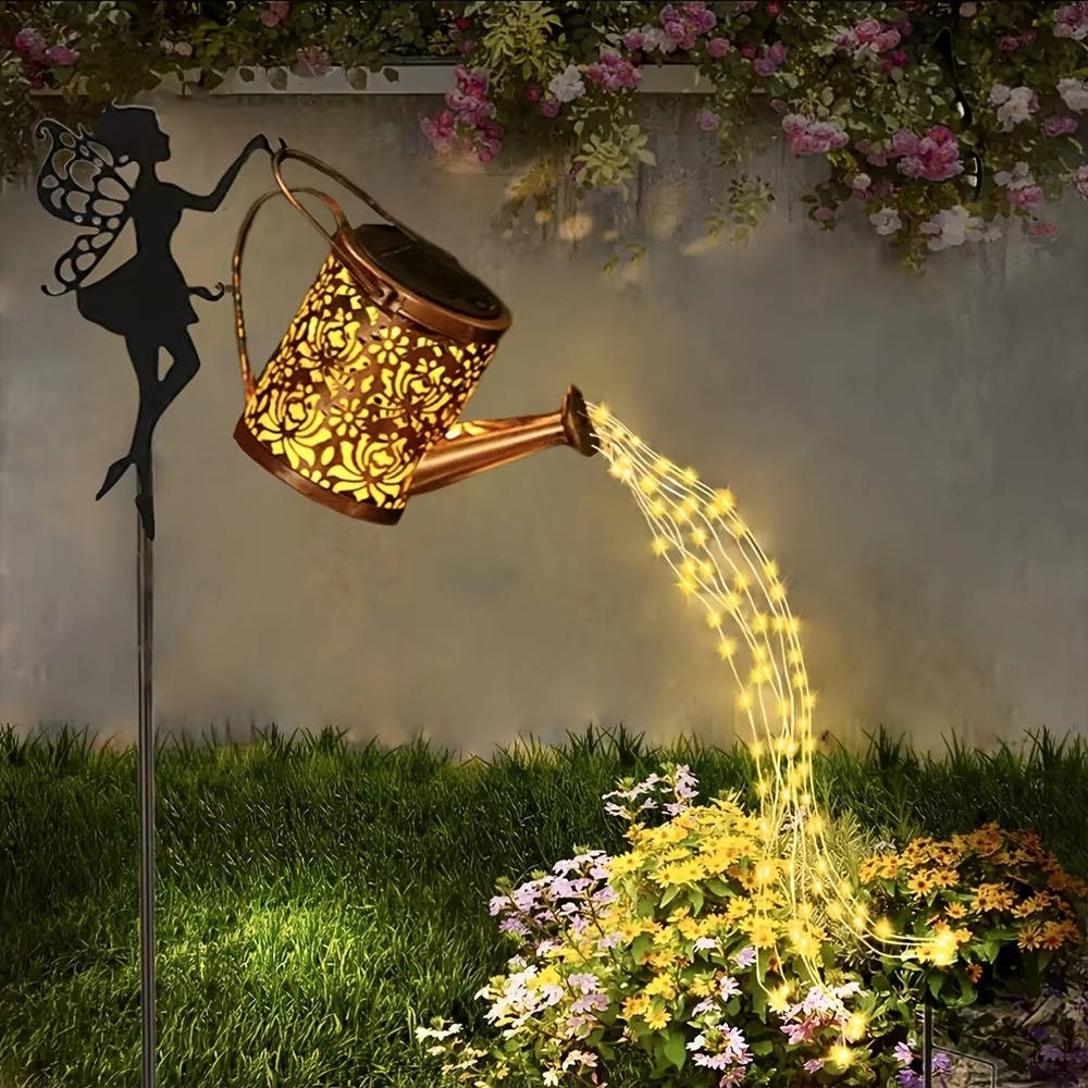 Outdoor Solar Garden Light with Metal Watering Can and Cascading LED String Copper - Image 6