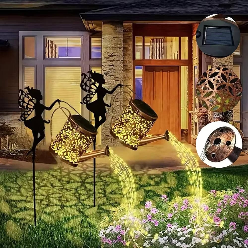 Outdoor Solar Garden Light with Metal Watering Can and Cascading LED String Copper - Image 7