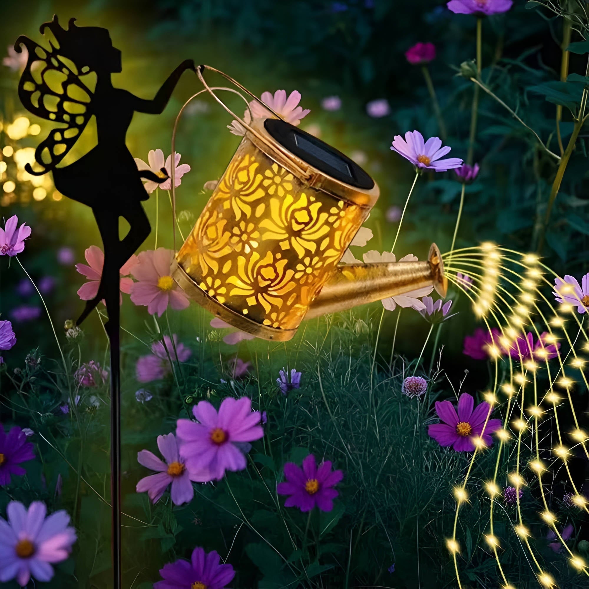 Outdoor Solar Garden Light with Metal Watering Can and Cascading LED String Copper - Image 8