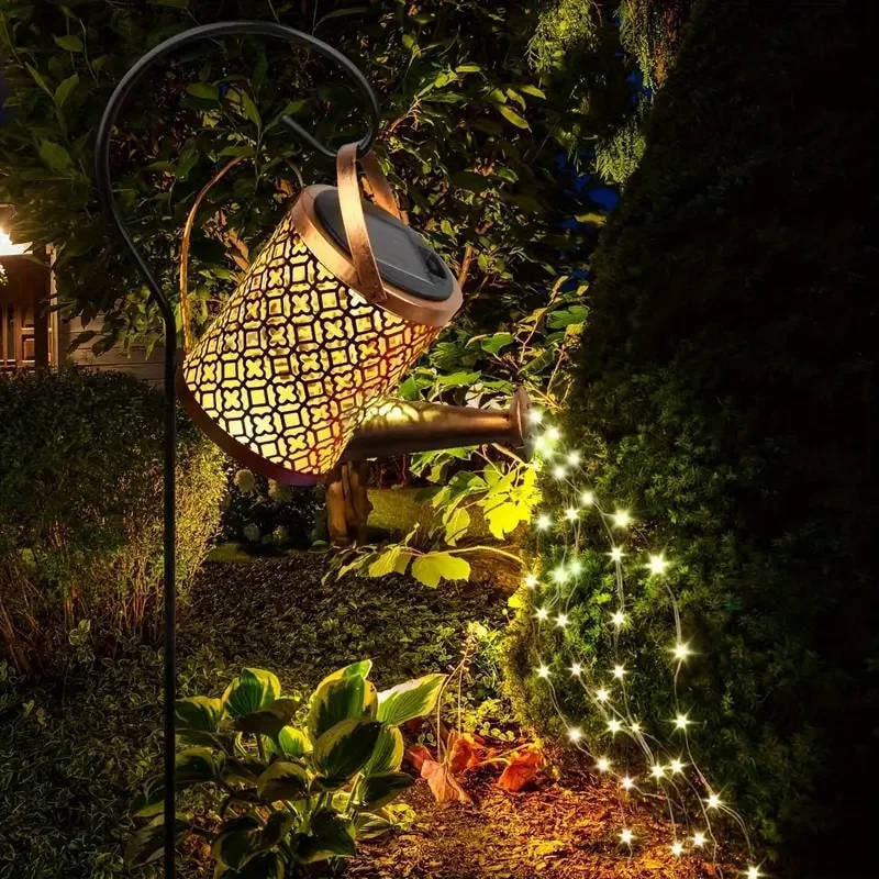 Outdoor Solar Garden Light with Metal Watering Can and Cascading LED String Copper - Image 9