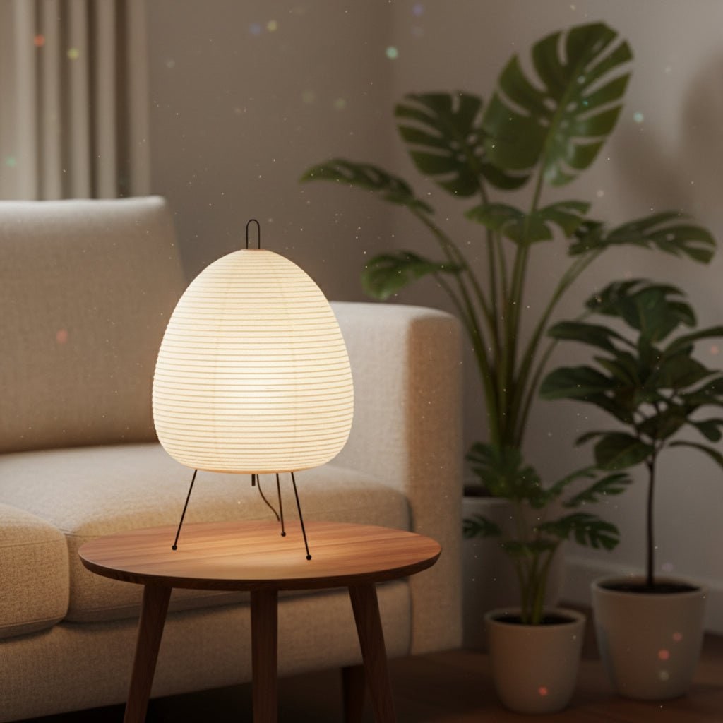 Paper Table Lamp with Tripod Base Japanese Rice Shade and Warm Diffused Light - Image 1