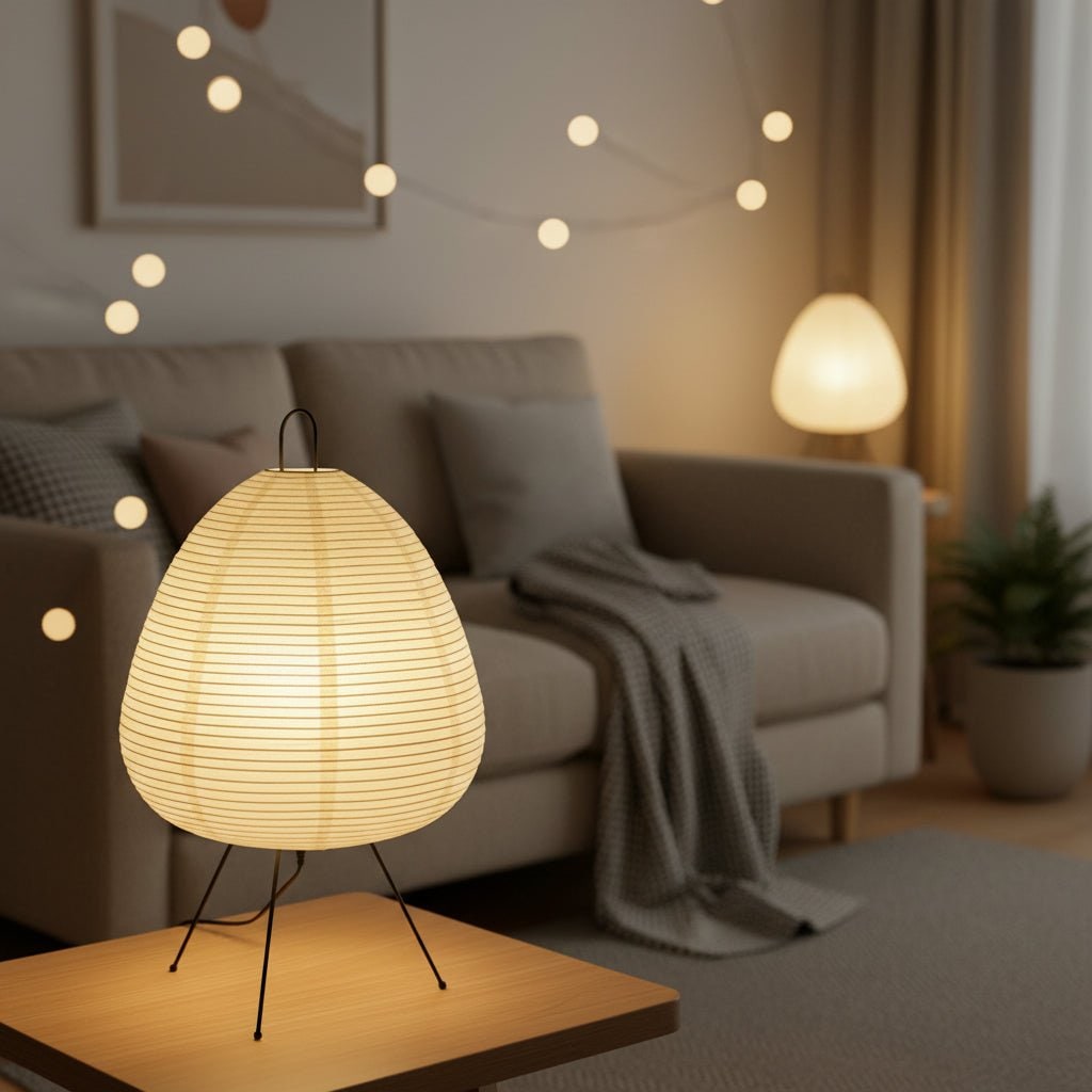 Paper Table Lamp with Tripod Base Japanese Rice Shade and Warm Diffused Light - Image 2