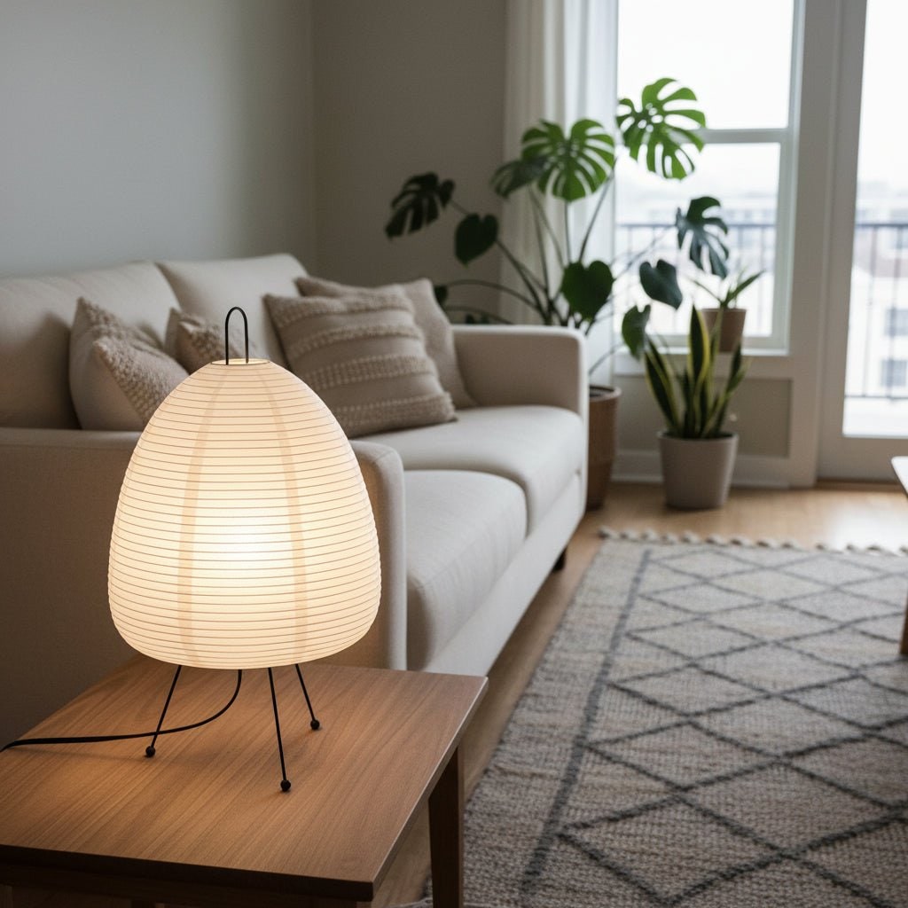 Paper Table Lamp with Tripod Base Japanese Rice Shade and Warm Diffused Light - Image 3