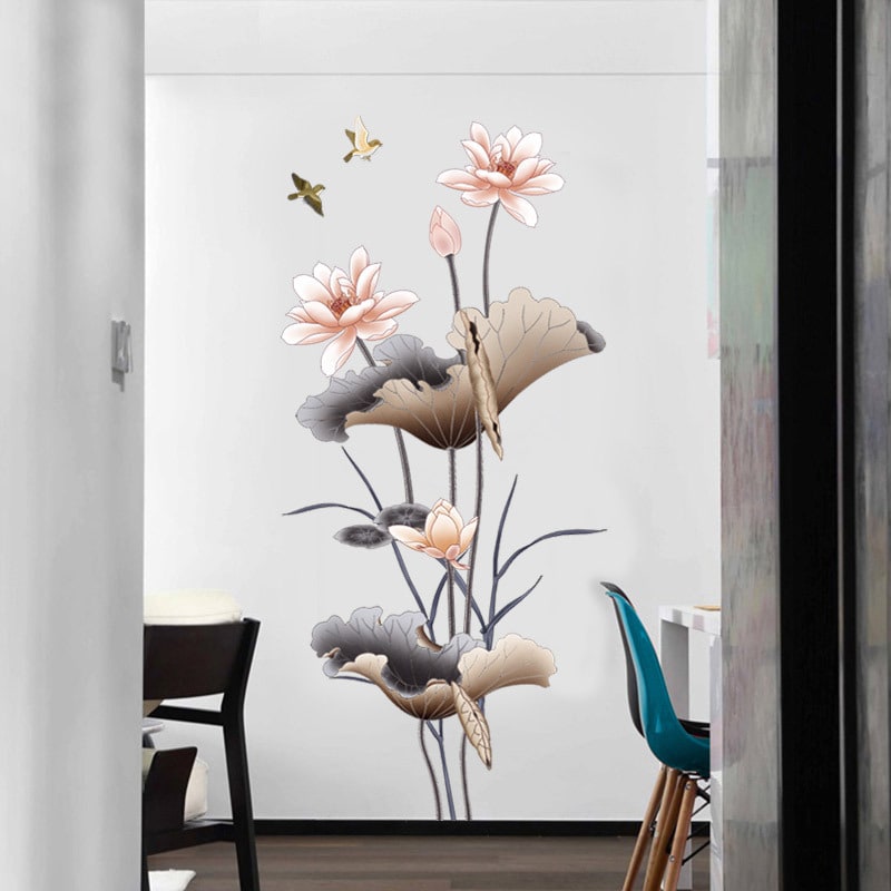 Peel and Stick Wall Decal Sticker with Lotus Flower and Birds Design Waterproof Vinyl Art - Image 1
