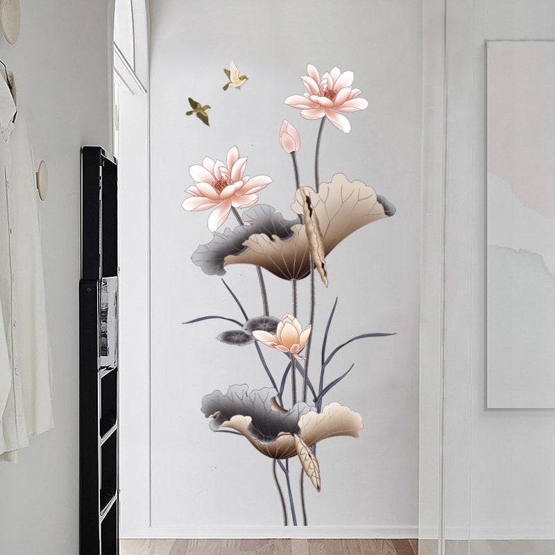Peel and Stick Wall Decal Sticker with Lotus Flower and Birds Design Waterproof Vinyl Art - Image 2