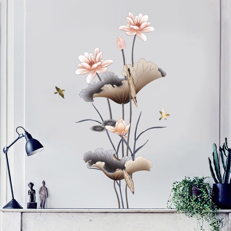 Peel and Stick Wall Decal Sticker with Lotus Flower and Birds Design Waterproof Vinyl Art - Image 3