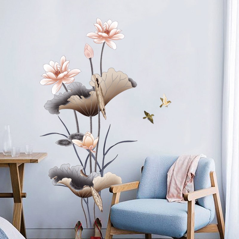 Peel and Stick Wall Decal Sticker with Lotus Flower and Birds Design Waterproof Vinyl Art - Image 4