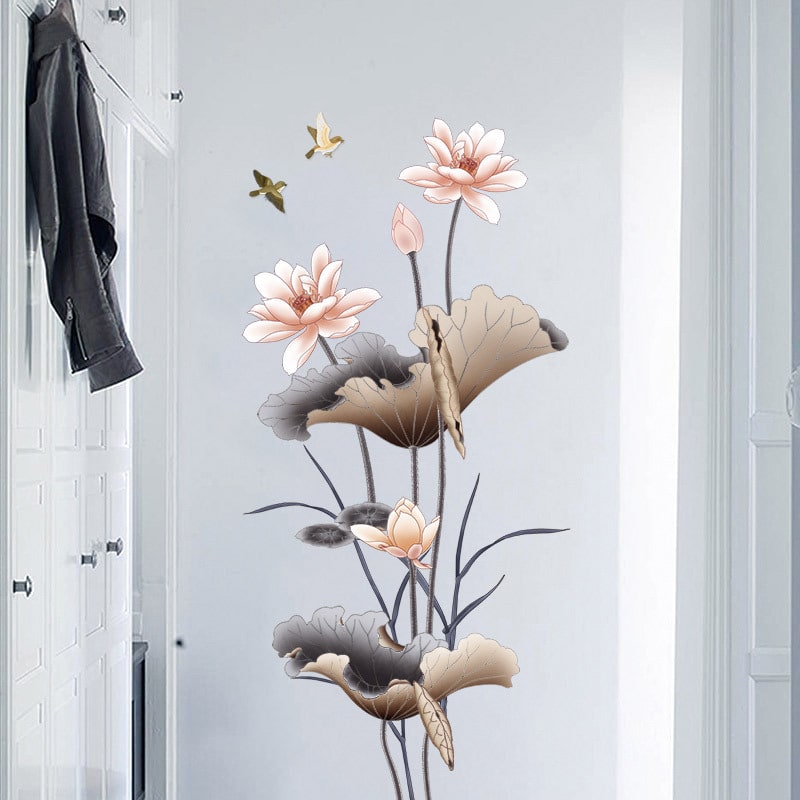 Peel and Stick Wall Decal Sticker with Lotus Flower and Birds Design Waterproof Vinyl Art - Image 5