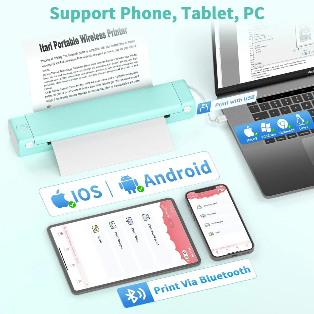 Portable Thermal Printer Wireless Bluetooth USB Compact A4 Smartphone Mobile - Image 5