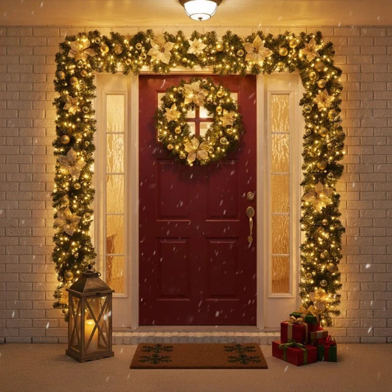 Pre-Lit Christmas Garland with LED Lights Ornaments and Poinsettia Flowers - Image 1