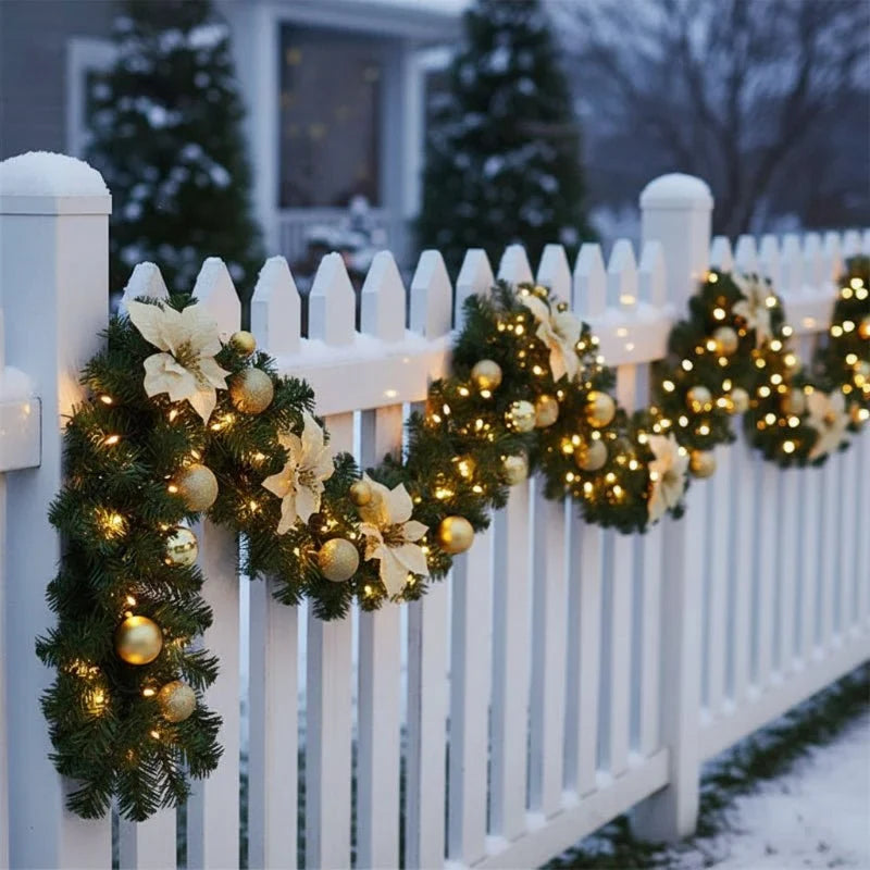 Pre-Lit Christmas Garland with LED Lights Ornaments and Poinsettia Flowers - Image 12