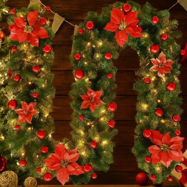 Pre-Lit Christmas Garland with LED Lights Ornaments and Poinsettia Flowers - Image 5