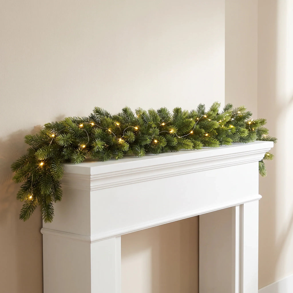 Pre-Lit Christmas Garland with Warm LED Lights and Flexible Branches for Stairs Mantel - Image 1