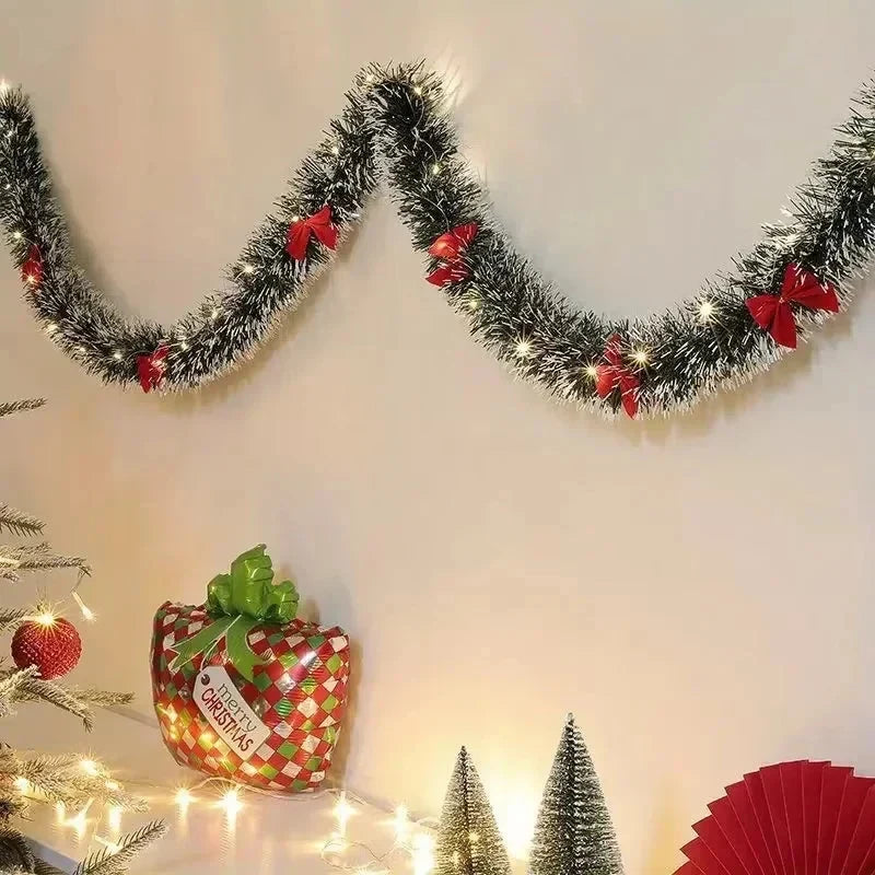 Pre-Lit Tinsel Garland with LED Lights Frosted Tips Bows - Image 4