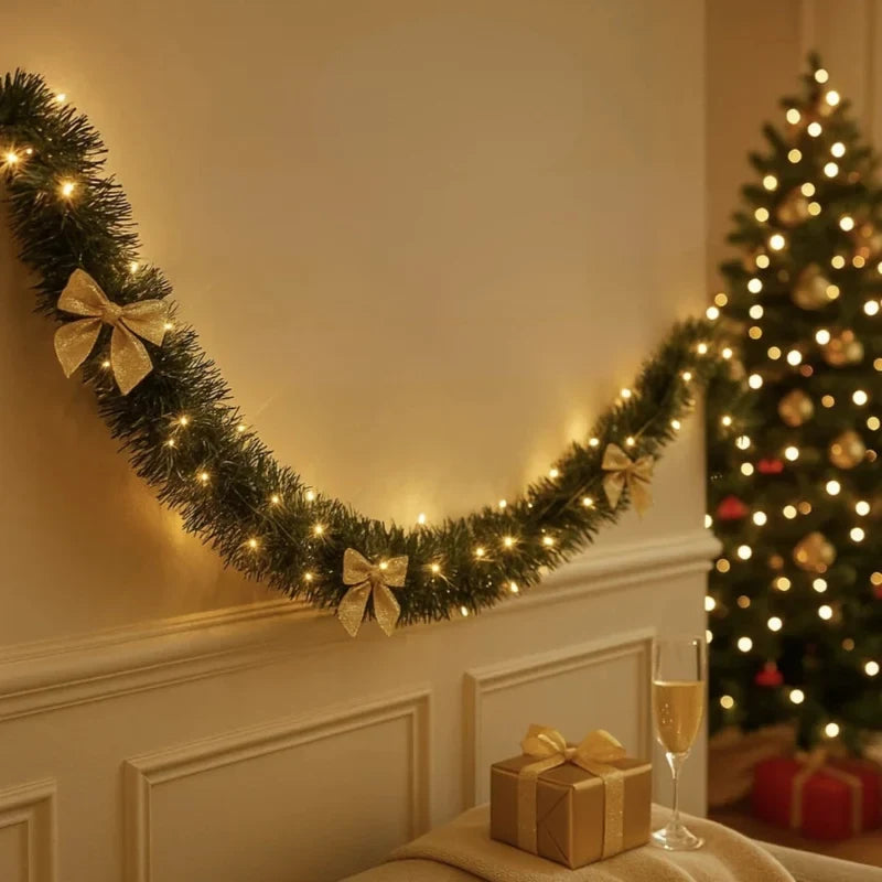 Pre-Lit Tinsel Garland with LED Lights Frosted Tips Bows - Image 6