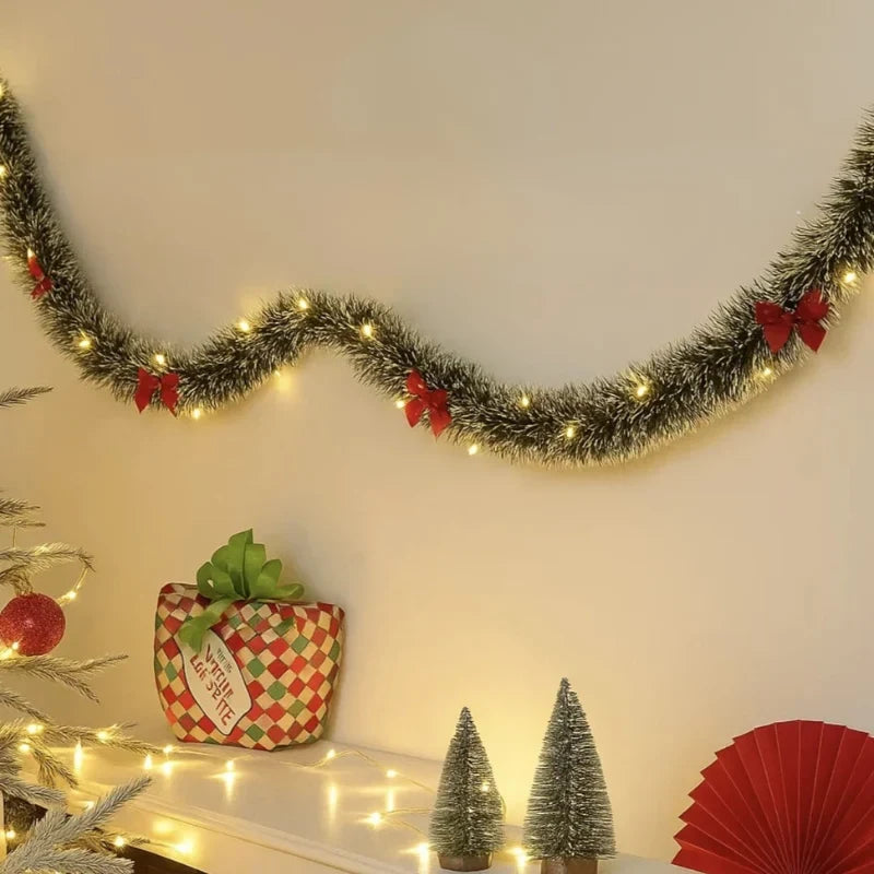 Pre-Lit Tinsel Garland with LED Lights Frosted Tips Bows - Image 7