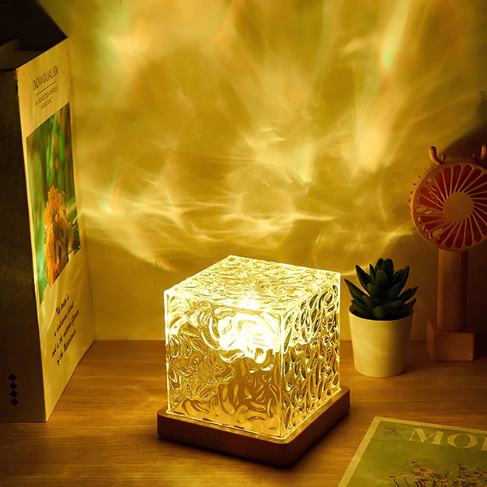 Remote Control Lamp Projector Water Ripple Cube Wood Base LED Aurora - Image 11