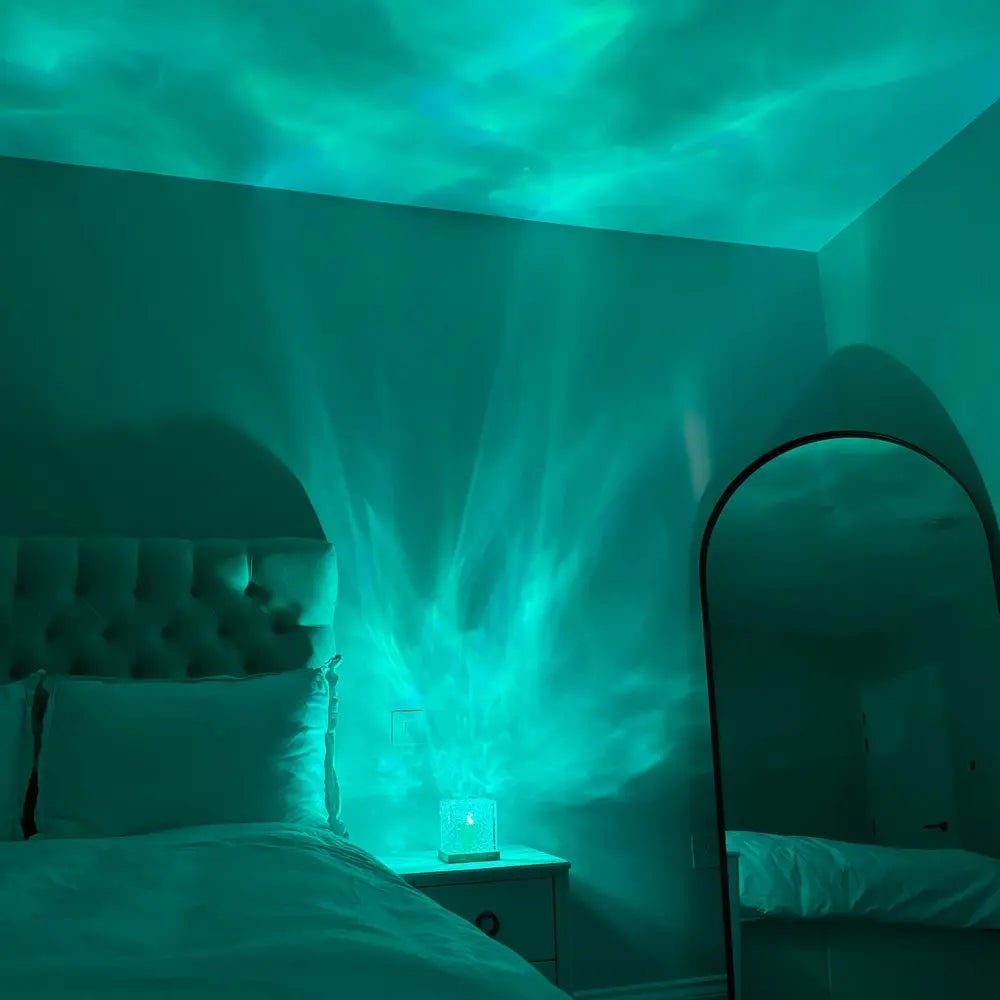 Remote Control Lamp Projector Water Ripple Cube Wood Base LED Aurora - Image 2