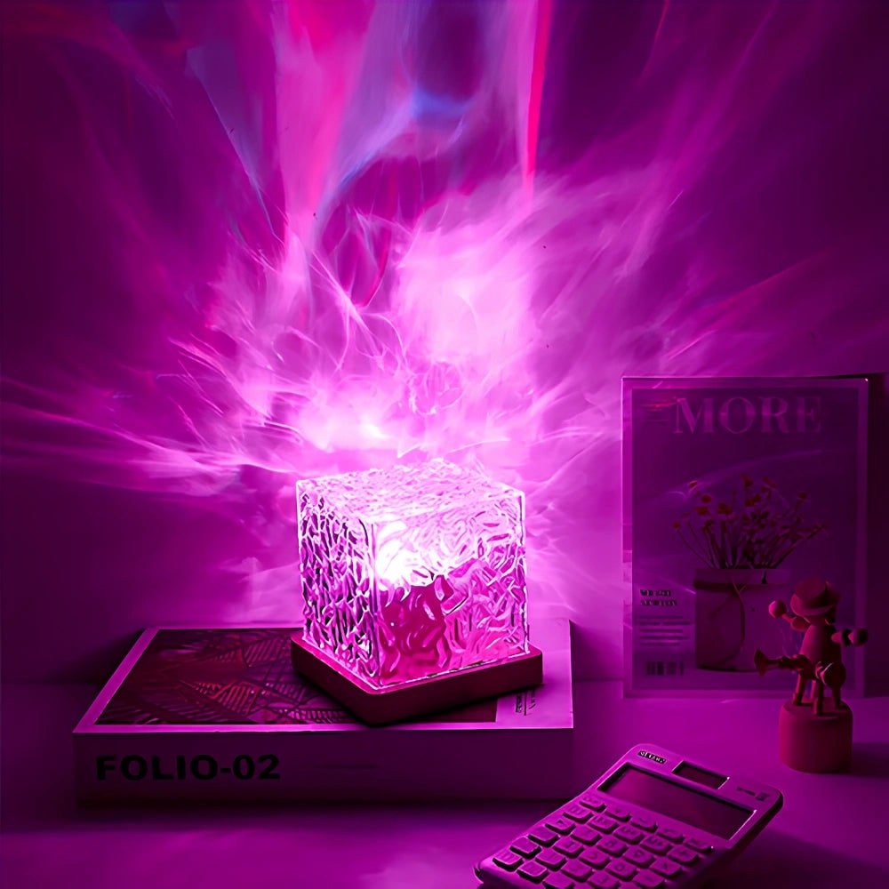 Remote Control Lamp Projector Water Ripple Cube Wood Base LED Aurora - Image 4