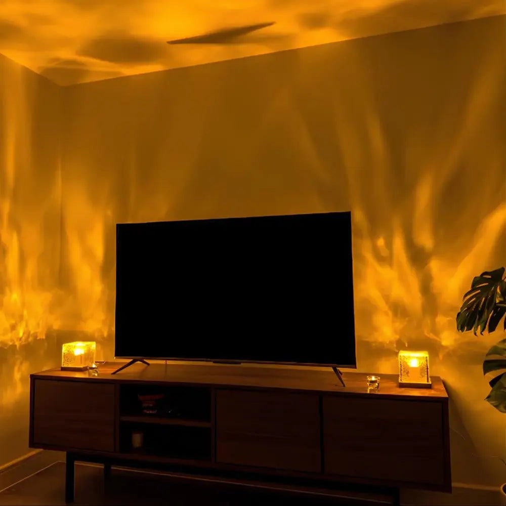 Remote Control Lamp Projector Water Ripple Cube Wood Base LED Aurora - Image 5