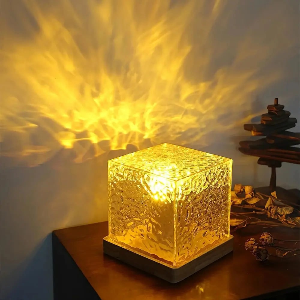Remote Control Lamp Projector Water Ripple Cube Wood Base LED Aurora - Image 7