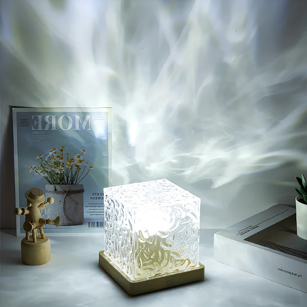 Remote Control Lamp Projector Water Ripple Cube Wood Base LED Aurora - Image 8