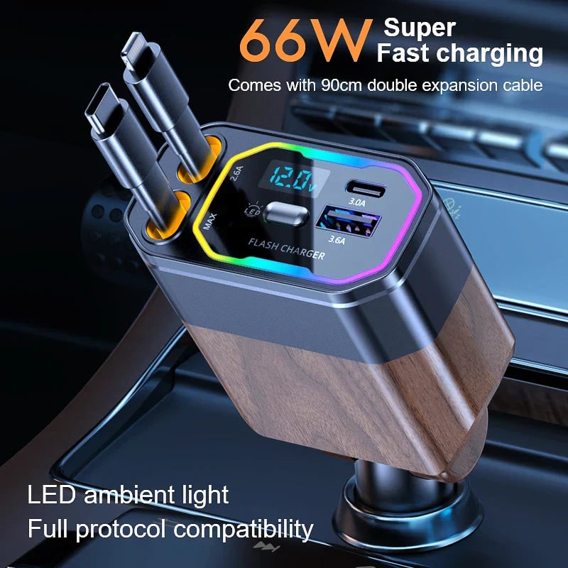Retractable Car Phone Charger with Dual Usb-C and Fast Charging for Portable Devices - Image 2