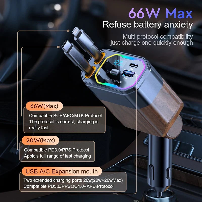 Retractable Car Phone Charger with Dual Usb-C and Fast Charging for Portable Devices - Image 3