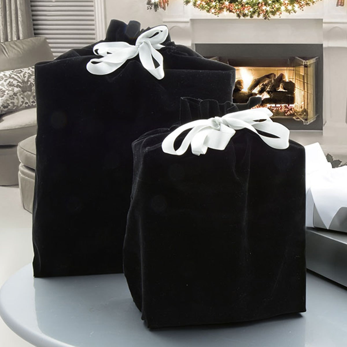 Reusable Gift Bag Plush Velvet Black Drawstring Satin Ribbon Ruffled - Image 1