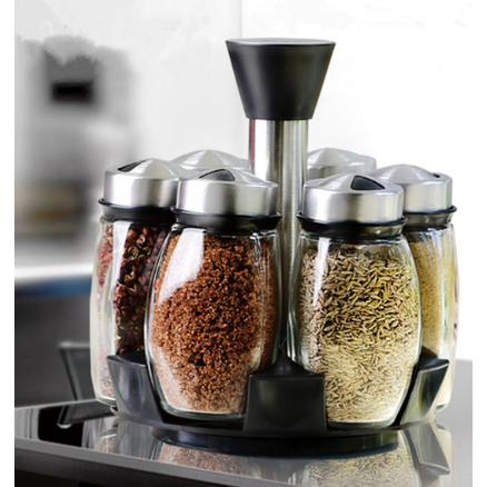 Rotating Spice Rack Organizer with 6 Glass Jars and Lazy Susan Carousel Base Countertop - Image 4