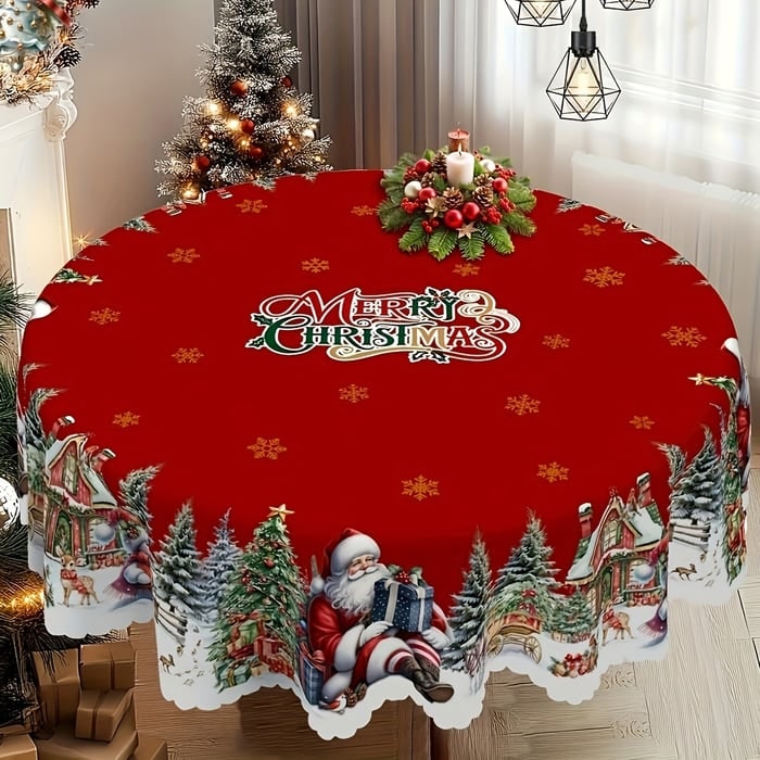 Round Christmas Tablecloth with Scalloped Edges Polyester Festive Design for Tables - Image 1