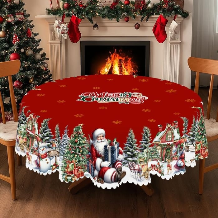 Round Christmas Tablecloth with Scalloped Edges Polyester Festive Design for Tables - Image 3