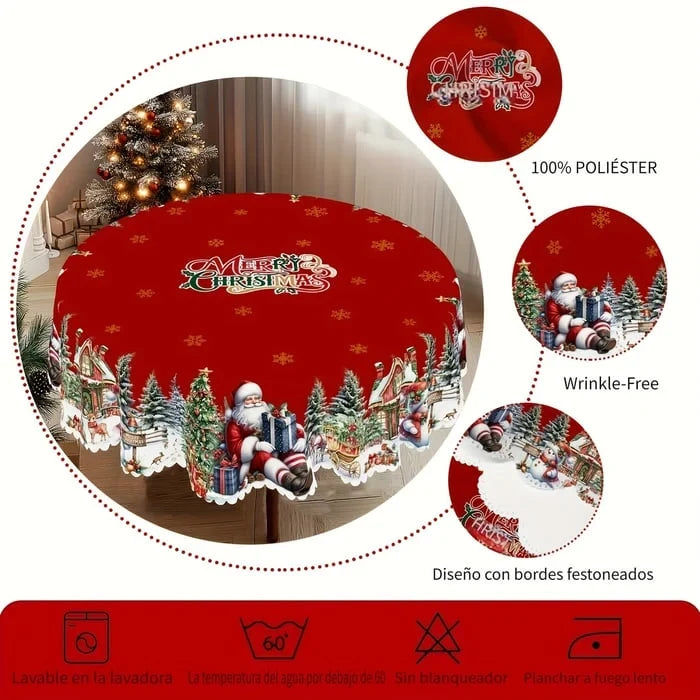 Round Christmas Tablecloth with Scalloped Edges Polyester Festive Design for Tables - Image 4