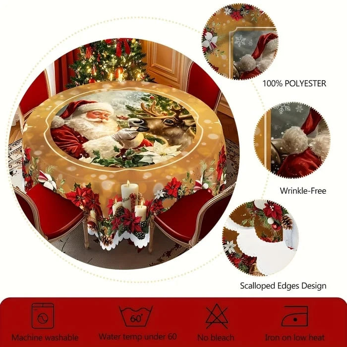 Round Christmas Tablecloth with Scalloped Edges Polyester Festive Design for Tables - Image 5